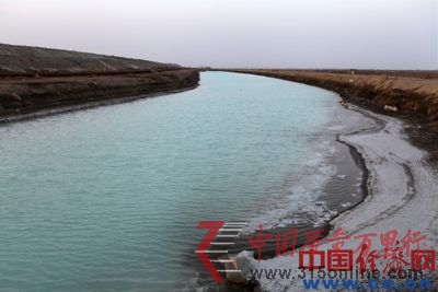 河沟中满是蓝绿色的碱性污水,河边结出了厚厚一层碱。 河沟中满是蓝绿色的碱性污水,河边结出了厚厚一层碱。