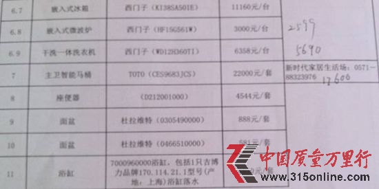 开发商向业主提供的报价单部分内容, 开发商向业主提供的报价单部分内容,